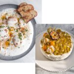 Ezgotyczne dania - jajka po turecku oraz sernik na talerzu